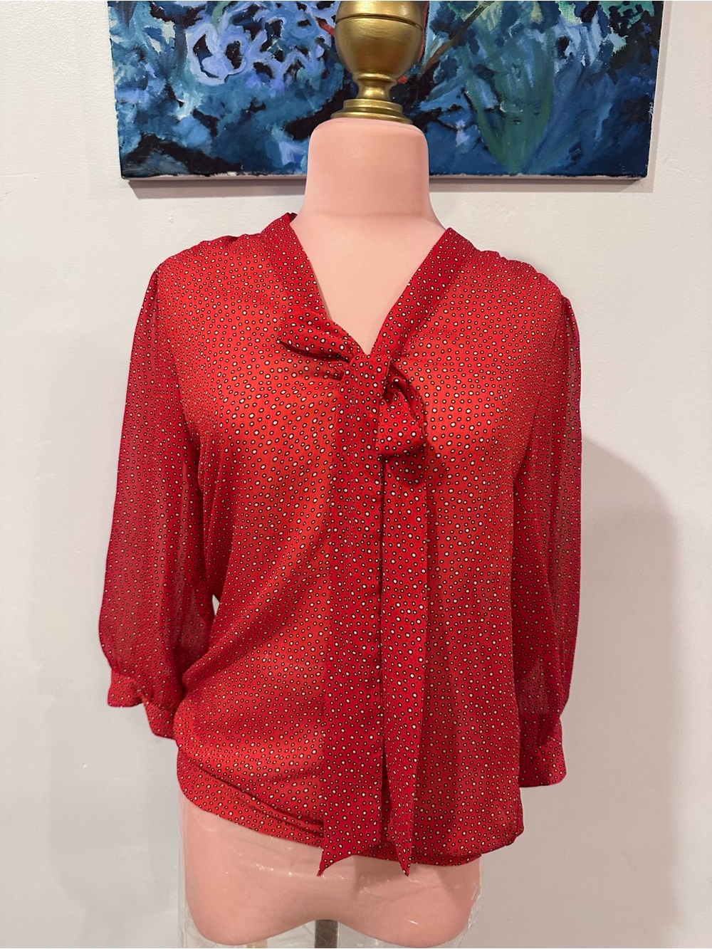 The Limited Red Tie-Neck Blouse with Micro Dot Pattern